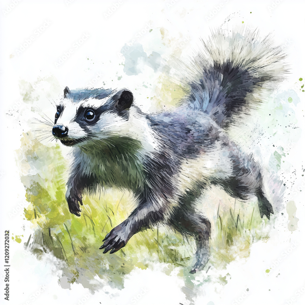 Fototapeta premium Illustration of the Honeybadger running through the savannah, soft watercolor tones, white background, detailed illustration.