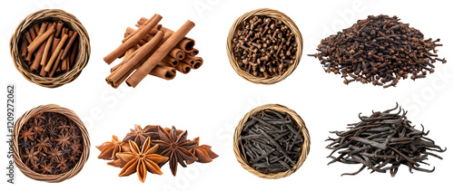 Fototapeta Naklejka Na Ścianę i Meble -  Collection of 4 set basket spice plant flavouring fragrance bud herb, Clove cloves, cinnamon, star anise, vanilla pod in whole stack pile on transparent cutout PNG. Mockup template for artwork design