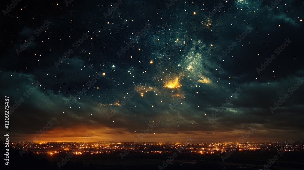 Fototapeta premium Night Sky with City Lights and Stars