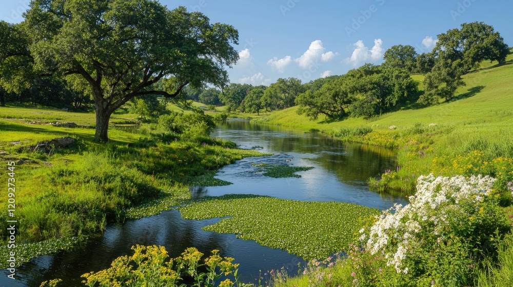 Serene river flowing through lush green Texas landscape on sunny day. Ideal for travel brochures or nature documentaries Serene river flowing through lush green Texas landscape on sunny day. Ideal for travel brochures or nature documentaries