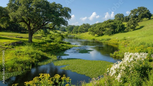Serene river flowing through lush green Texas landscape on sunny day. Ideal for travel brochures or nature documentaries