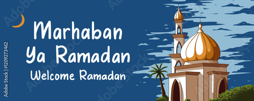 Marhaban ya ramadan vector banner poster with mosque painting