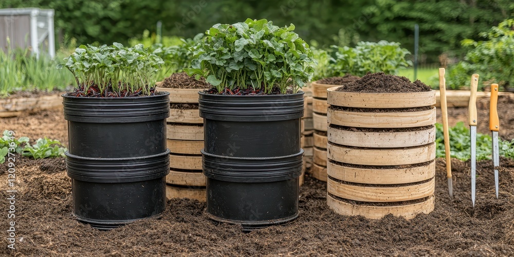 Raised Garden Planters with Fresh Vegetables in Backyard Raised Garden Planters with Fresh Vegetables in Backyard
