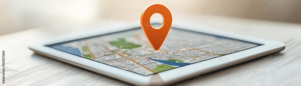 A tablet displaying a map with a distinctive orange location pin, symbolizing navigation and location-based services. A tablet displaying a map with a distinctive orange location pin, symbolizing navigation and location-based services.