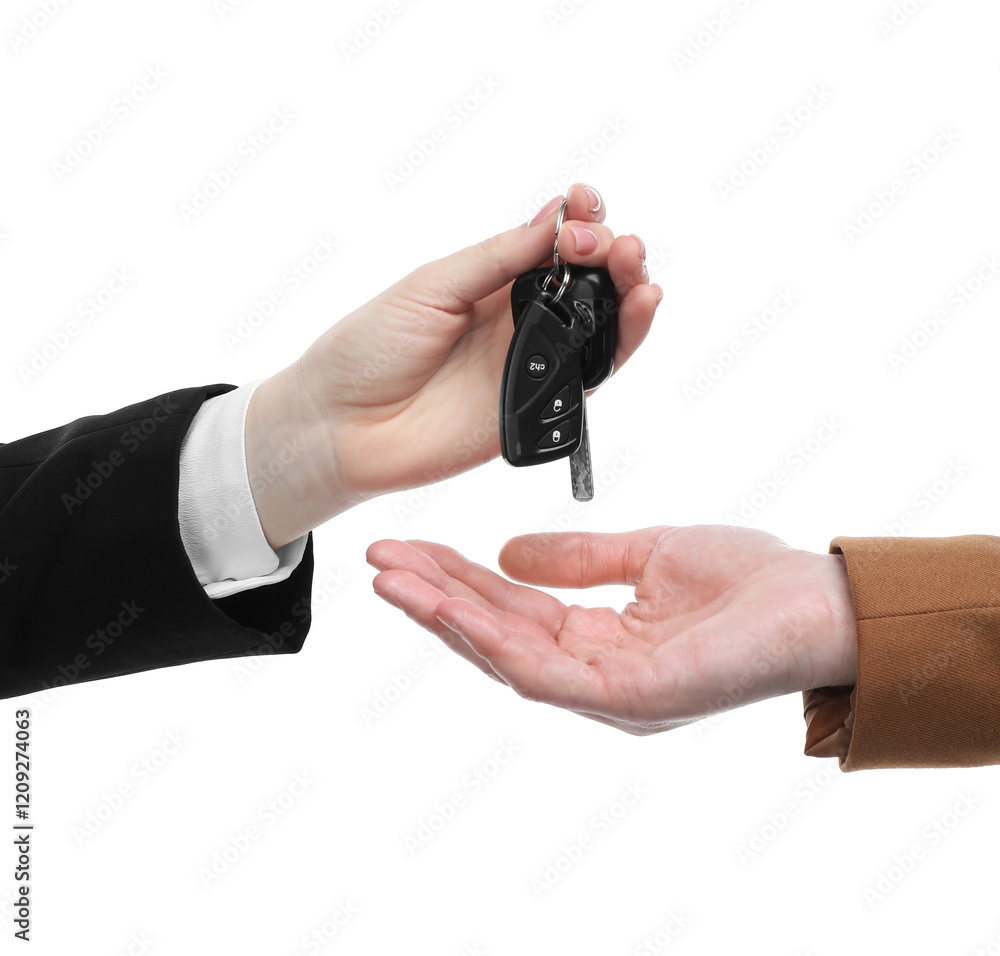 Dealer giving car keys to customer on white background, closeup. Buying auto Dealer giving car keys to customer on white background, closeup. Buying auto