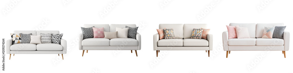 Obraz premium Cozy and Minimalist Living Room with Comfortable Sofas and Chairs Decorated in Scandinavian Style with Grey White and Pink Accents The room features a clean