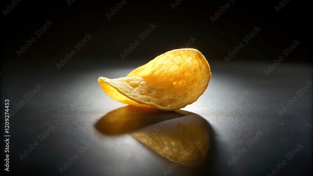 A Single, Golden-Brown Potato Chip Reflecting on a Dark Surface, Illuminated by a Dramatic Light Source A Single, Golden-Brown Potato Chip Reflecting on a Dark Surface, Illuminated by a Dramatic Light Source