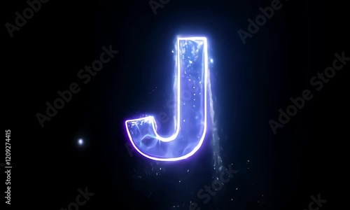 J letter alpahbet blue light with particle stardust glitter isolated symbol on black background 