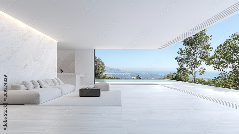 Modern minimalist living room with infinity pool and ocean view; ideal for luxury real estate Modern minimalist living room with infinity pool and ocean view; ideal for luxury real estate