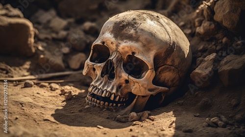 Old human skull in grounds of dark ancient place. Neural network ai generated photo