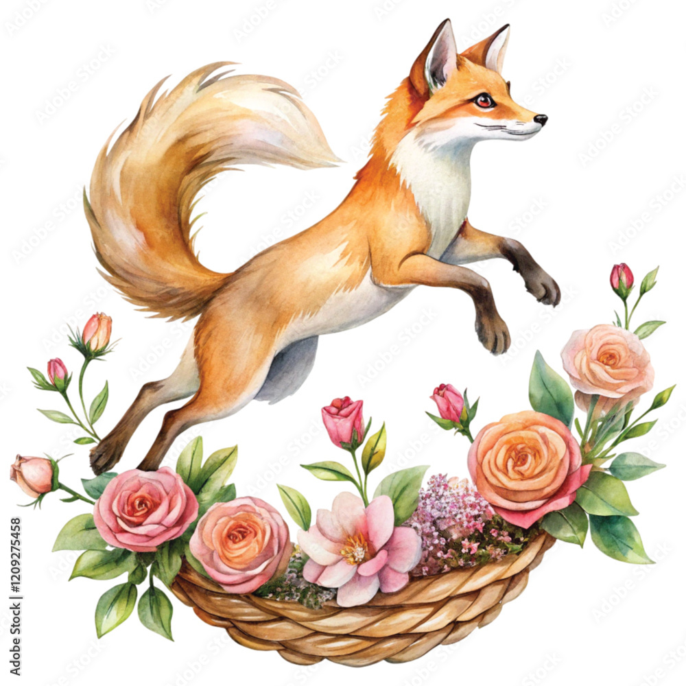 Fototapeta premium Golden fox rose basket Clipart Watercolor 