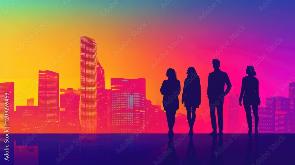 Silhouette of a diverse team standing against a vibrant city skyline Silhouette of a diverse team standing against a vibrant city skyline