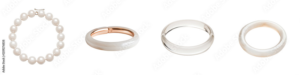 Fototapeta premium Elegant and Minimalist Jewelry Arrangement Close up of a Pearl Bracelet and Two Metal Rings Displayed on a Clean White Studio Background