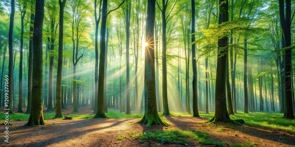 Fototapeta premium Serene Sunrise Illuminating a Mystical Forest Path with Sunbeams Piercing Through the Canopy