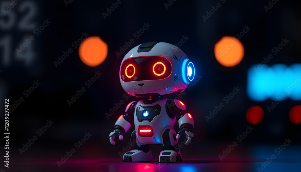 Adorable mini AI robot with glowing red and blue light effects, standing out against a dark background, symbolizing futuristic charm Adorable mini AI robot with glowing red and blue light effects, standing out against a dark background, symbolizing futuristic charm