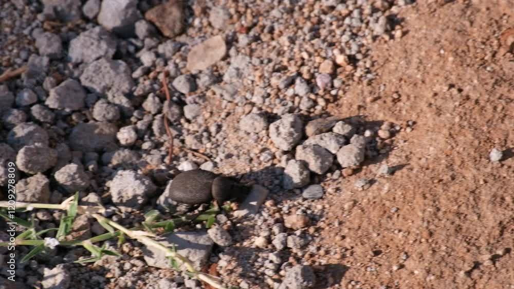 Black beetle on sandy soil with small pebbles under sunlight in an outdoor desert habitat Black beetle on sandy soil with small pebbles under sunlight in an outdoor desert habitat