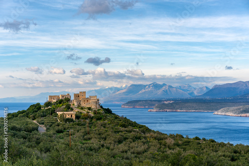 Tsitsiris castle in Mani Peninsula with mountains