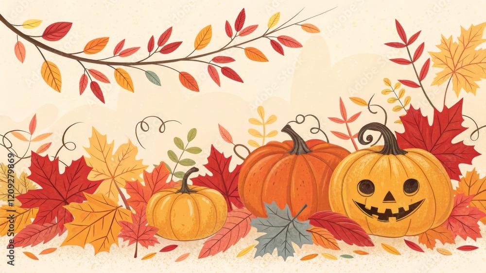 Autumnal Pumpkin Patch Illustration Featuring Jack-o'-Lantern, Fall Leaves, and Horizontal Composition, Halloween, Thanksgiving Autumn leaves, Pumpkins Autumnal Pumpkin Patch Illustration Featuring Jack-o'-Lantern, Fall Leaves, and Horizontal Composition, Halloween, Thanksgiving Autumn leaves, Pumpkins