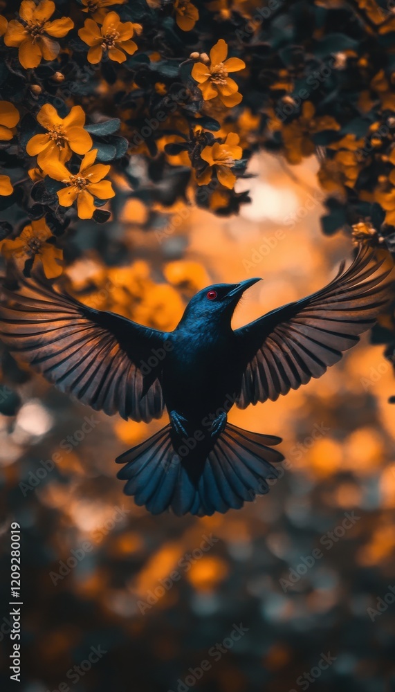 Fototapeta premium Dark bird in flight, wings spread wide amidst vibrant yellow blossoms. A stunning natural scene.