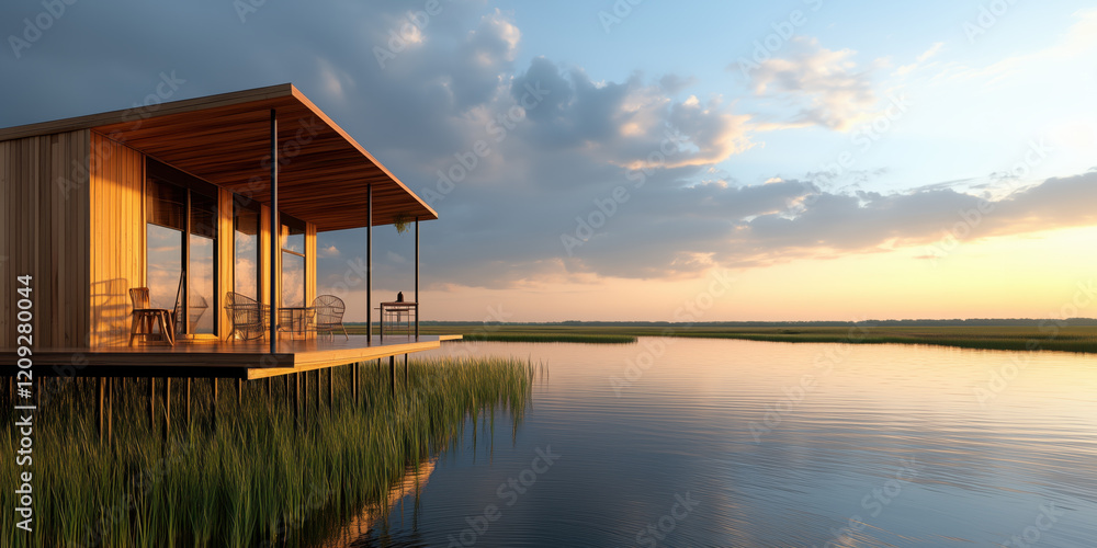 serene eco lodge by tranquil lake with wooden deck at sunset serene eco lodge by tranquil lake with wooden deck at sunset