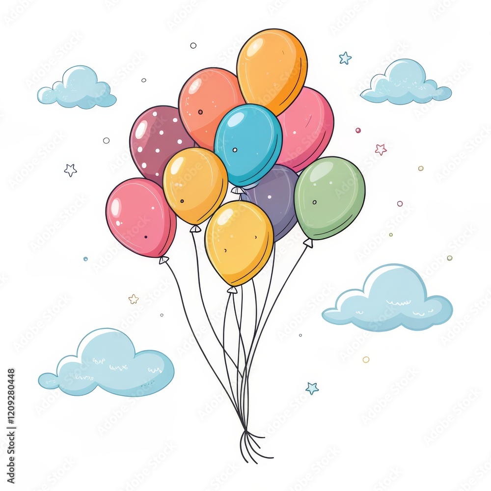 Naklejka premium Colorful Balloons Floating in the Sky Cartoon Illustration, Balloons, Clouds, Stars, Vector Art, Happy, Celebration Balloons