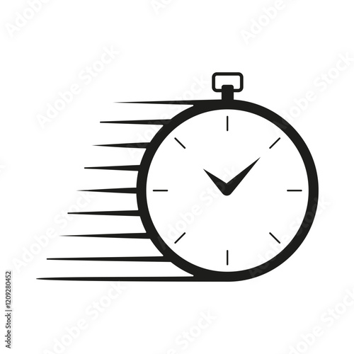 A black and white illustration of a stopwatch in motion, suggesting speed and efficiency.  The design is simple and bold.
