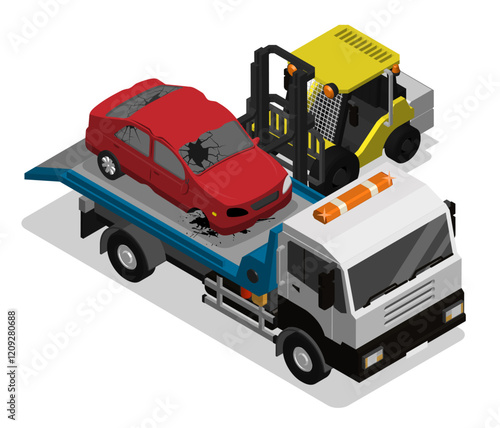 Isometric forklift unloads car damaged in auto accident from tow truck at car dump. Special heavy loading equipment. Aerial view 3D vector isolated on white background