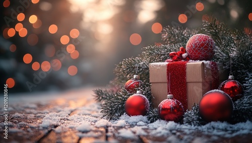 Christmas Winter Table with Red Ornaments and Snowy Background in a Dreamy Scene photo