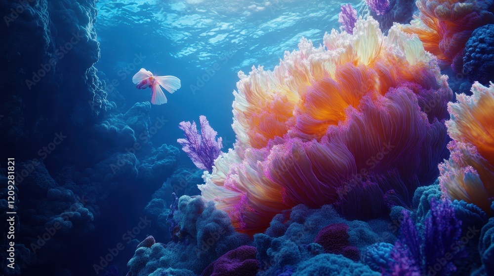 Naklejka premium Vibrant Underwater Coral Reef Scene with Pink Fish Swimming, Ocean Paradise, Tropical Marine Life