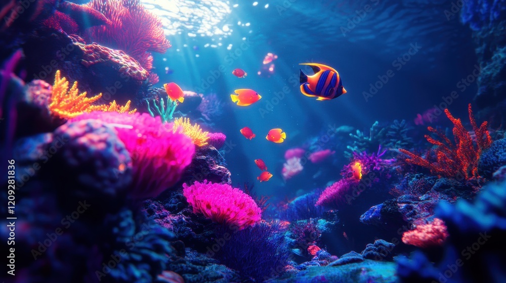 Naklejka premium Vibrant Underwater Coral Reef Scene with Colorful Fish Swimming Gracefully