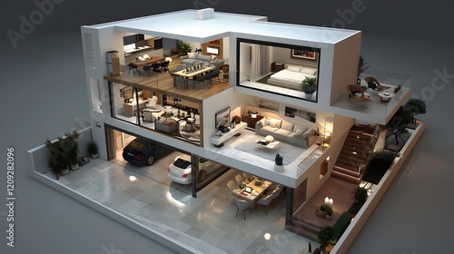 Modern Cutaway View of a Luxury Home with Open Floor Plan and Garage