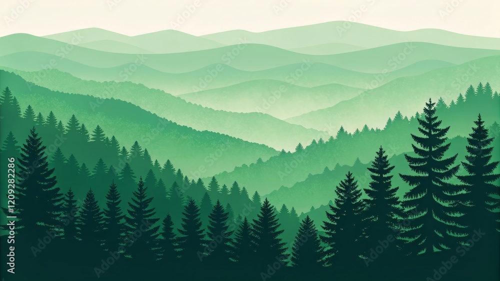 Fototapeta premium Green Mountain Landscape Silhouetted Pine Trees, Layered Hills, Digital Painting, Nature Scenery,Forest Illustration Keywords Landscape, Nature