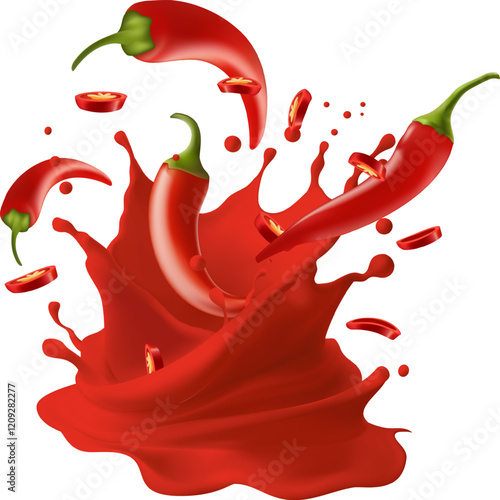 Hot red chilli sauce splash with a fresh hot pepper on background