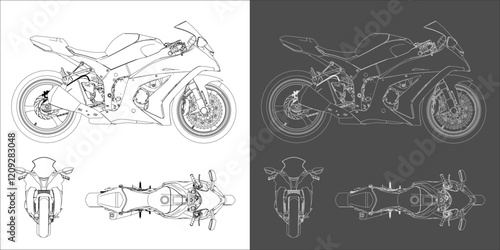 set vector race sport motorcycle sportbike GP. illustration technical drawing  of blueprints isolated on transparent background