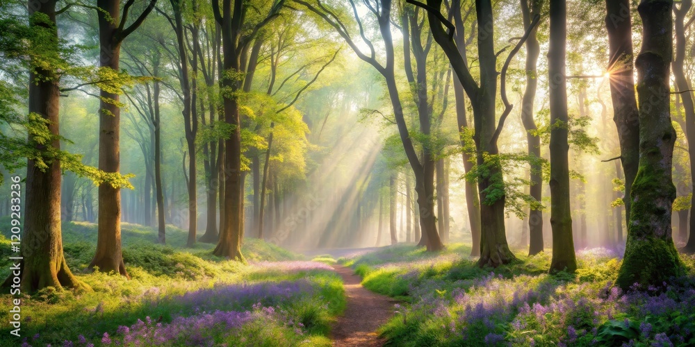 Fototapeta premium Sunbeams Illuminate a Mystical Woodland Path, Bathed in Morning Mist and Spring Blossoms