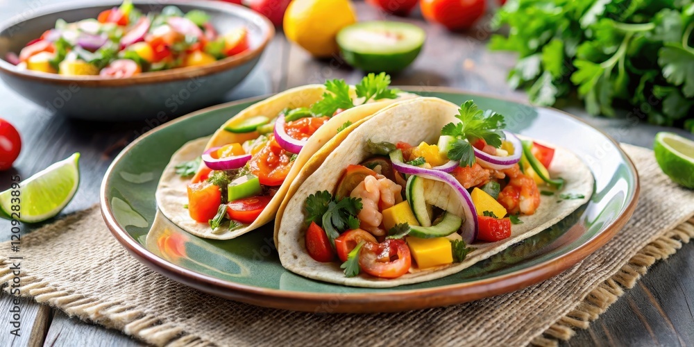 Delicious Seafood Tacos with Vibrant Tropical Salsa and Fresh Herbs on a Rustic Table Delicious Seafood Tacos with Vibrant Tropical Salsa and Fresh Herbs on a Rustic Table