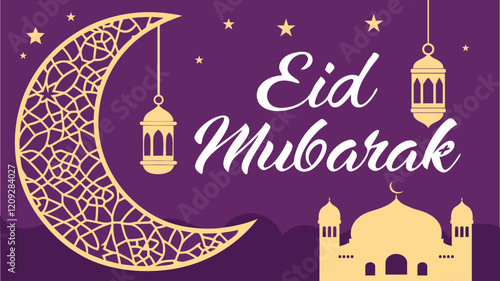 Eid Mubarak premium vector illustration with luxury design. Blue pink gradient eid mubarak background with star and moon. Islamic light design with white eid mubarak vector design