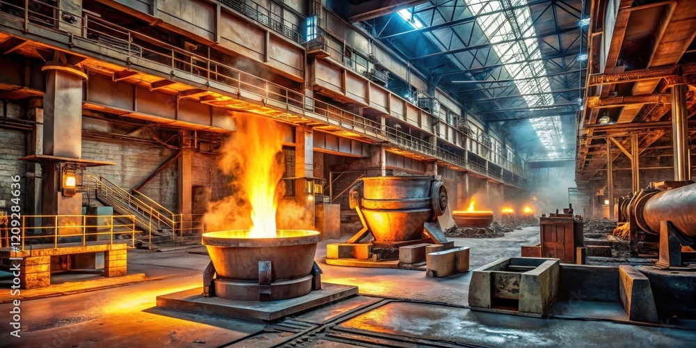 Molten metal glows intensely within industrial furnaces, showcasing the powerful heart of a manufacturing plant, a scene of heavy industry and glowing energy. Molten metal glows intensely within industrial furnaces, showcasing the powerful heart of a manufacturing plant, a scene of heavy industry and glowing energy.