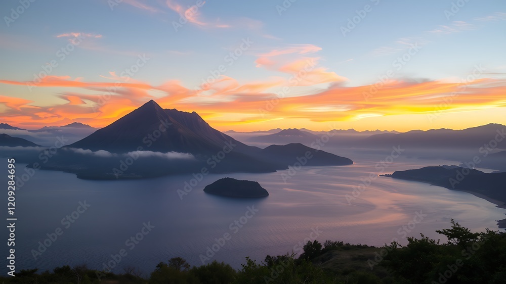 Naklejka premium Breathtaking sunset over volcanic lake and mountains in guatemala, with a small island in the foreground, creating a serene landscape.