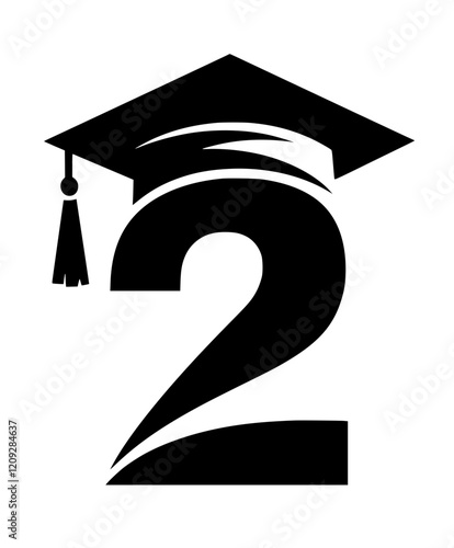 Graduation Cap on Number Two Symbol  , Black and white illustration of the number two wearing a graduation cap, symbolizing academic success, education, and scholarly achievement.  

