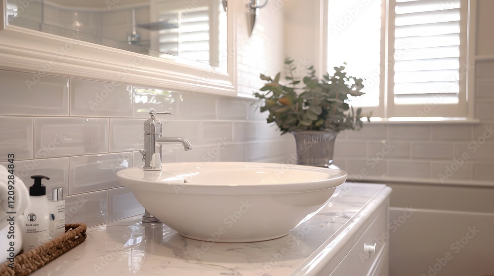 Modern Bathroom Sink with White Tiles and Chrome Faucet