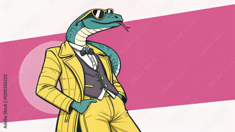 Obraz premium Stylish Snake in Yellow Suit Pop Art Illustration, Pink Background, Vector, Fashion, Reptile Snake illustration, Pop Art