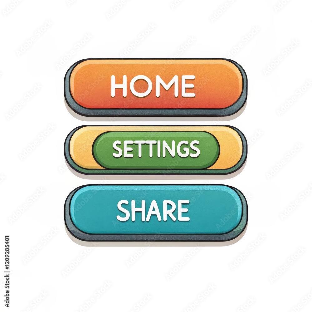 Three Colorful Cartoon Buttons Home, Settings, Share, UI Design, Game Assets UI buttons, game design Three Colorful Cartoon Buttons Home, Settings, Share, UI Design, Game Assets UI buttons, game design