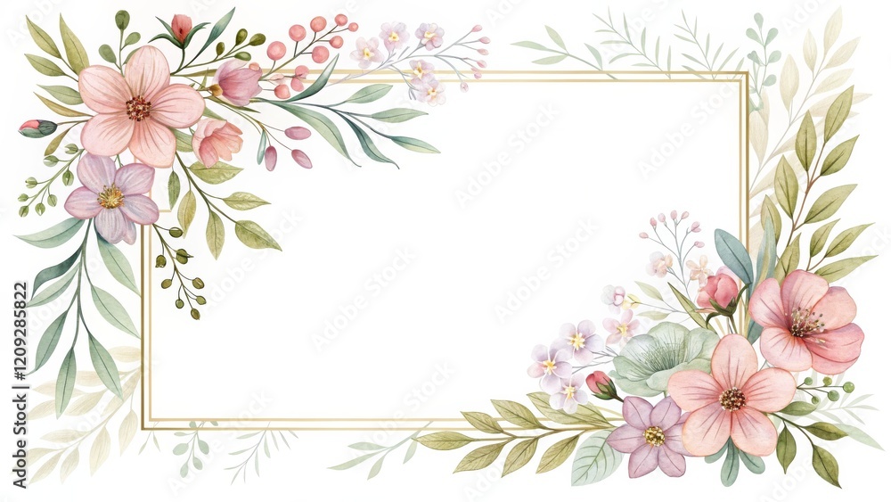 Obraz premium Watercolor Floral Frame Peach and Pink Blooms, Gold Rectangle, Botanical Illustration, Wedding Invitation Design Floral frame, watercolor painting