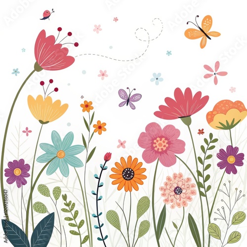 Whimsical Floral Composition Butterflies and Flowers, Illustration, Springtime Garden Design, Vector Art Keywords Floral illustration, Spring design