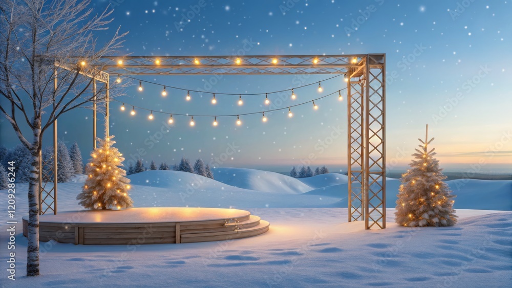 Fototapeta premium Winter Wonderland Stage Wooden Platform, Snowy Landscape, Christmas Lights, 3D Render, Festive Scene Christmas, Winter