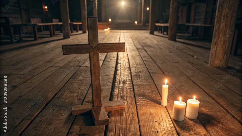 Fototapeta premium Wooden Cross on Rustic Church Floor with Candles, Low-key Lighting, Religious Concept,Still Life Photography Keywords Christianity, Faith