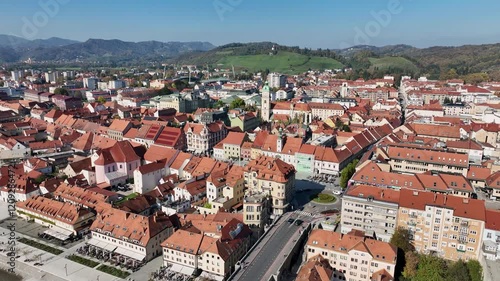 Amazing panoramic video of Maribor old town with bridges and beautiful red roofed houses along Drava river in Slovenia