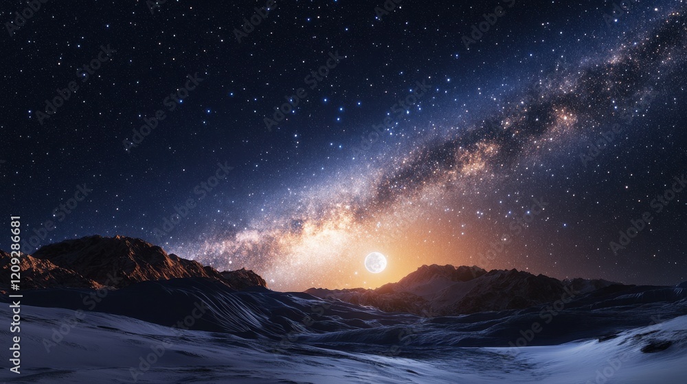 Naklejka premium A breathtaking view of a starry sky with mountains silhouetted against a glowing horizon.