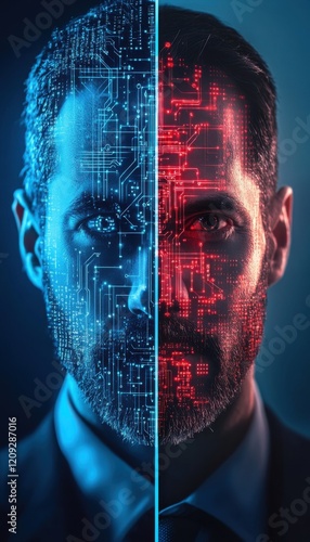 Digital duality: A man's face, half human, half circuit board, representing the fusion of technology and humanity.